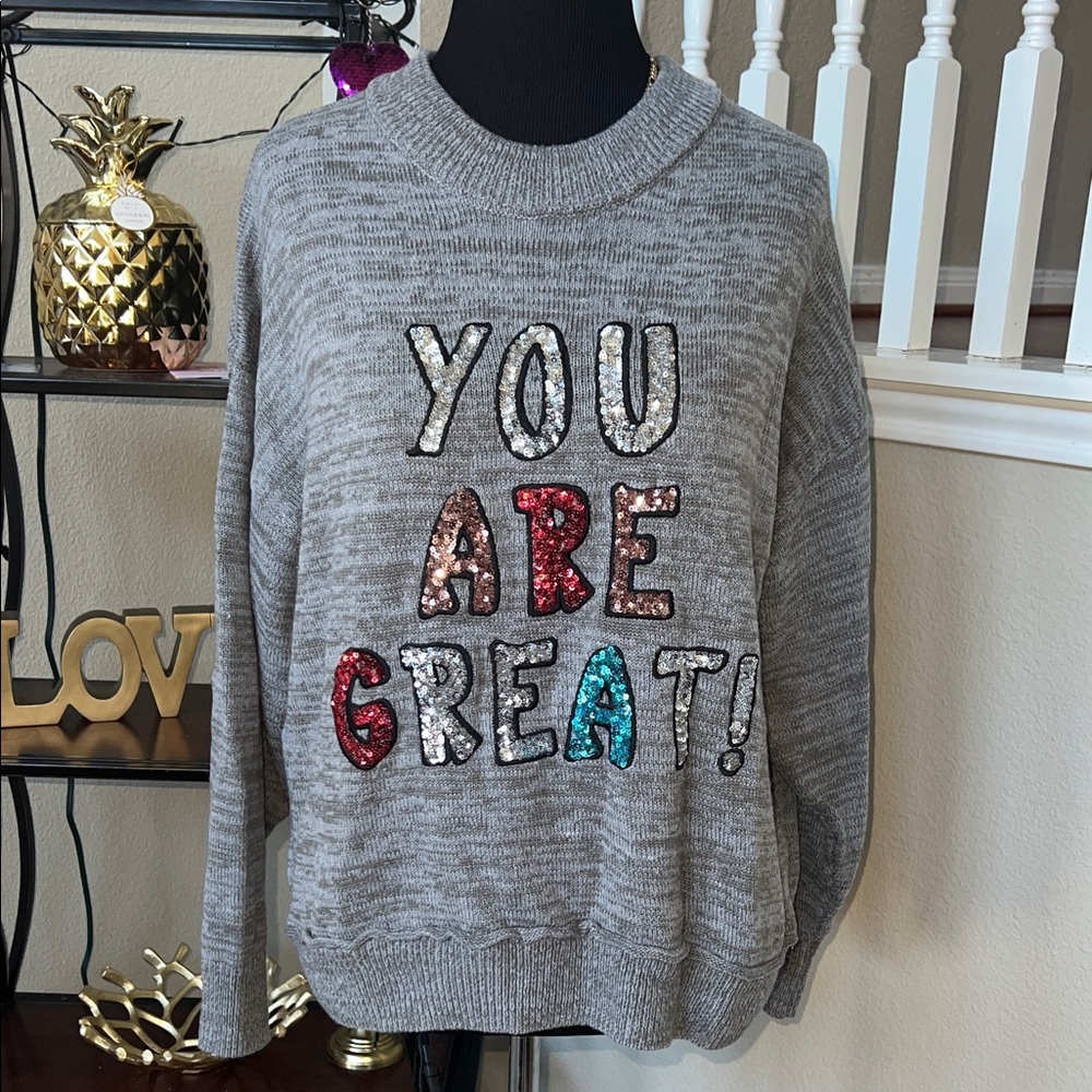 Terra & Sky Gray Sweater with Sequin Lettering